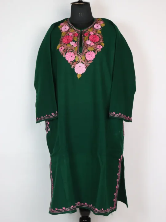 Zehraan Dark Green Aari Work Pheran in Cashmilon Wool