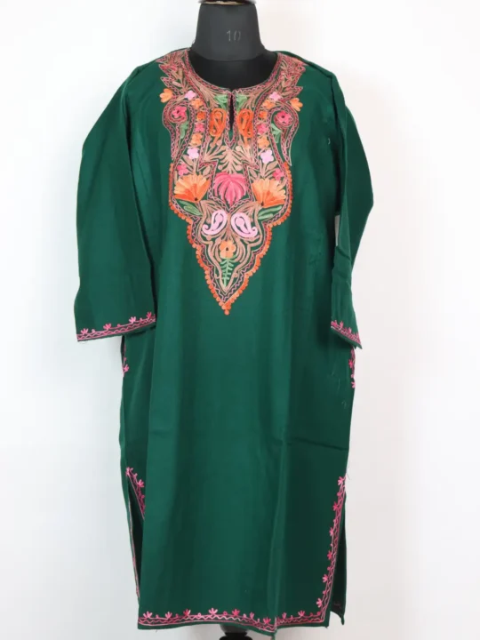 Dark Green Aari Work Haseen Pheran in Cashmilon Wool