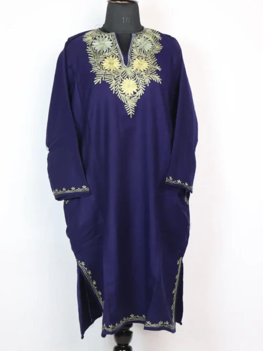 Zoon Dark Blue Aari Work Pheran in Cashmilon Wool