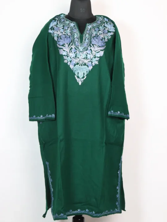 Khoobsurat Green Pheran in Cashmilon Wool with Aari Embroidery