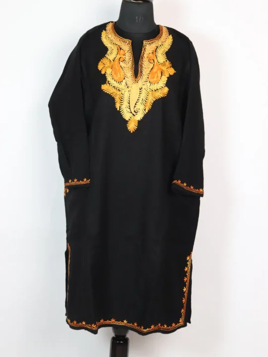 Black Roshan Pheran in Cashmilon Wool with Badam Aari Embroidery