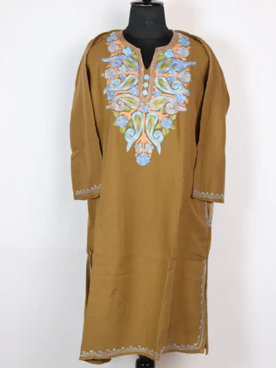 Nazreen Beige Cashmilon Wool Pheran with Aari Embroidery