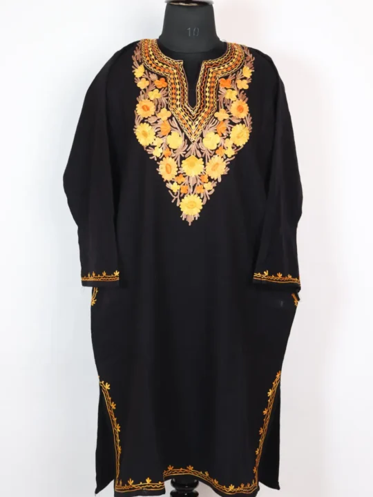 Black Mehrun Cashmilon Wool Pheran with Aari Embroidery