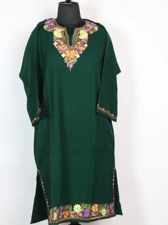 Dark Green Sakeen Aari Embroidery Cashmilon Wool Pheran