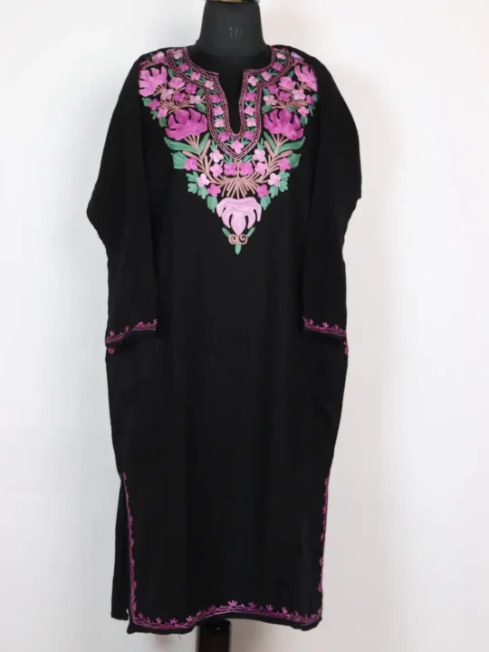 Black Ferozeh Aari Embroidery Cashmilon Wool Pheran