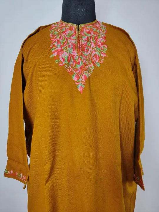 Kangposh Aari Work Pheran in Mustard Cashmilon Wool