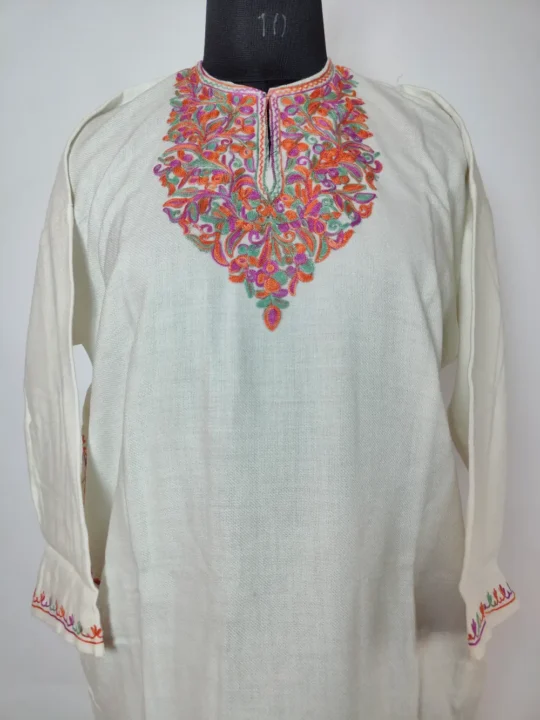 Sheen Cashmilon Wool White Pheran with Aari Embroidery