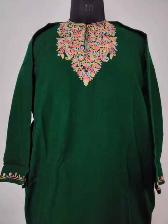 Dark Green Cashmilon Pheran Highlighted with Aari Embroidery