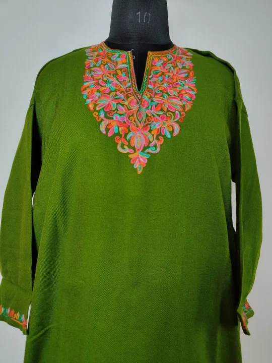 Green Cashmilon Pheran Highlighted with Aari Embroidery