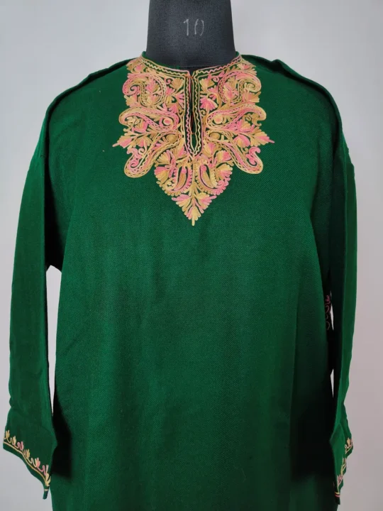 Dark Green Cashmilon Pheran Highlighted with Aari Embroidery