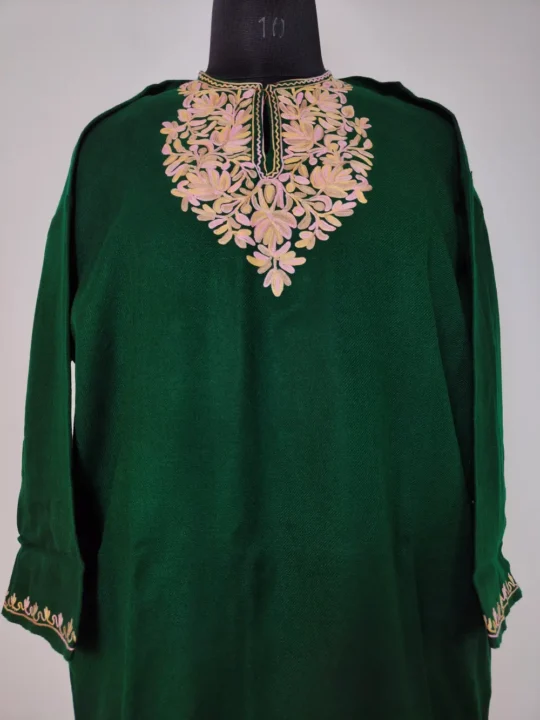 Dark Green Cashmilon Wool Short Pheran with Aari Embroidery