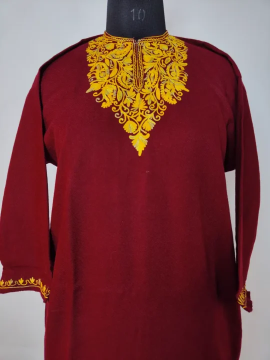 Short Aari Work Maroon Cashmilon Wool Pheran
