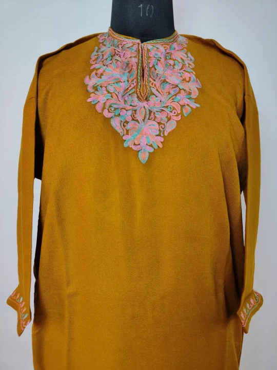 Mustard Cashmilon Wool Short Pheran with Aari Embroidery