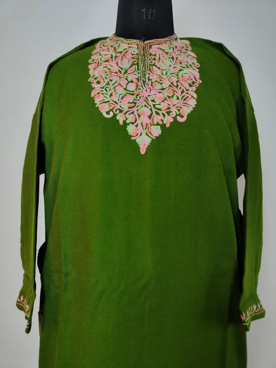 Short Cashmilon Wool Aari Work Pheran in Green