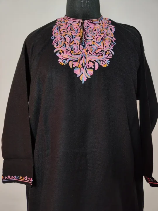 Black Short Pheran in Cashmilon Wool with Aari Work