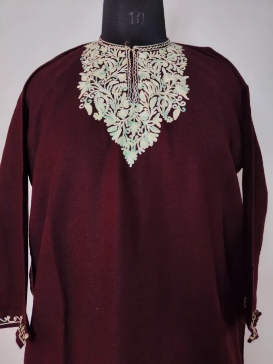 Maroon Short Pheran in Cashmilon Wool with Aari Embroidery