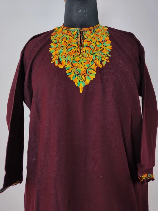 Aari Work Maroon Cashmilon Wool Short Pheran