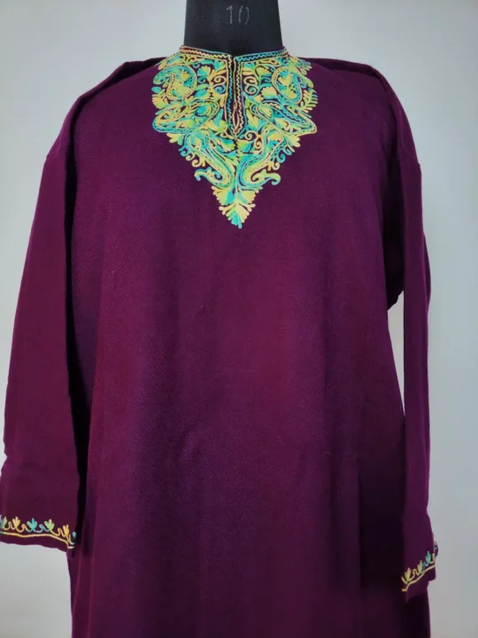 Short Maroon Cashmilon Wool Aari Embroidery Pheran
