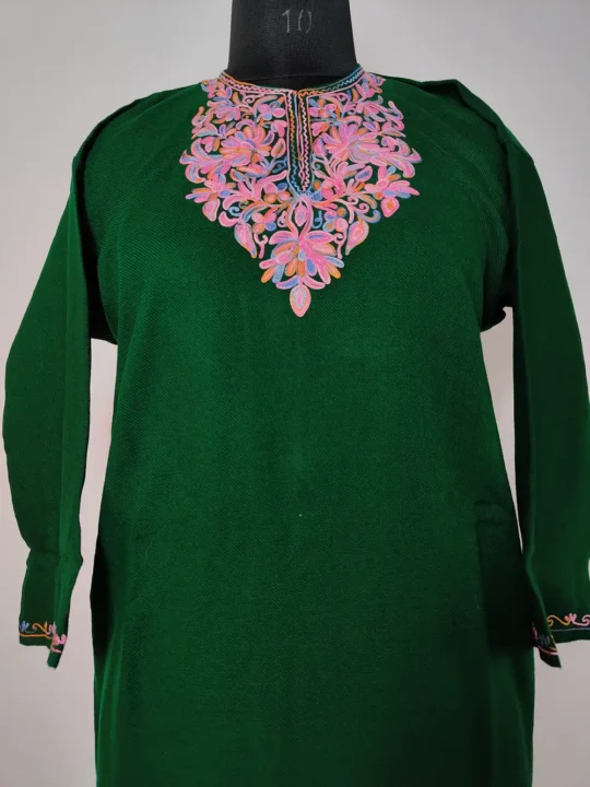 Gulnaz Cashmilon Aari Embroidery Dark Green Short Pheran