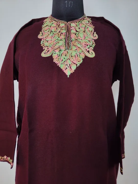 Zunaira Cashmilon Wool Aari Work Wine Short Pheran