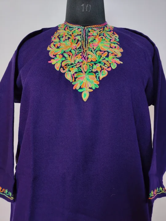 Dark Blue Mahira Cashmilon Wool Aari Embroidery Short Pheran