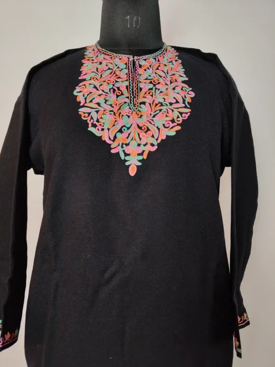 Black Cashmilon Wool Aari Work Zareen Short Pheran