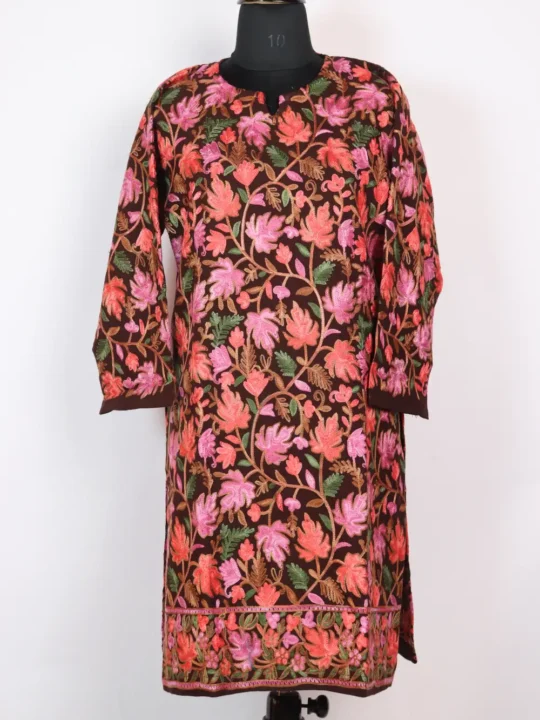 Cashmilon Wool Chocolate Brown Chinar Aari Embroidery Top