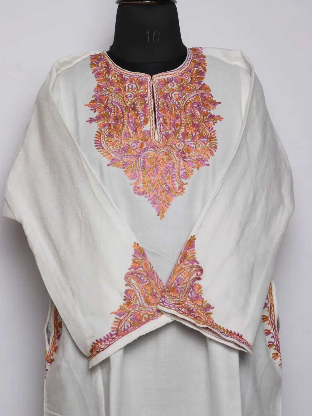White Hisan Aari Embroidered Fancy Sleeve Pheran in Cashmilon Wool - Image 2