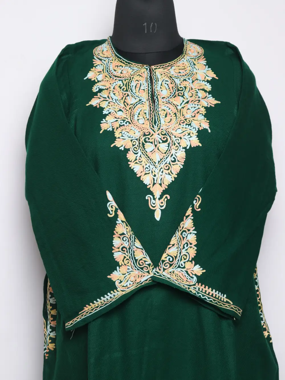 Aari Embroidered Fancy Sleeve Dark Green Pheran in Cashmilon Wool Zulekha - Image 2