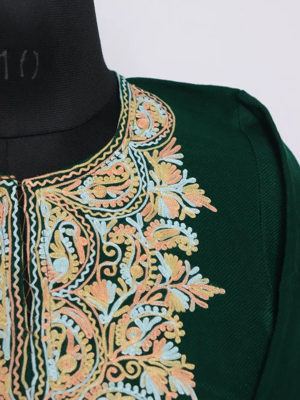 Aari Embroidered Fancy Sleeve Dark Green Pheran in Cashmilon Wool Zulekha - Image 3