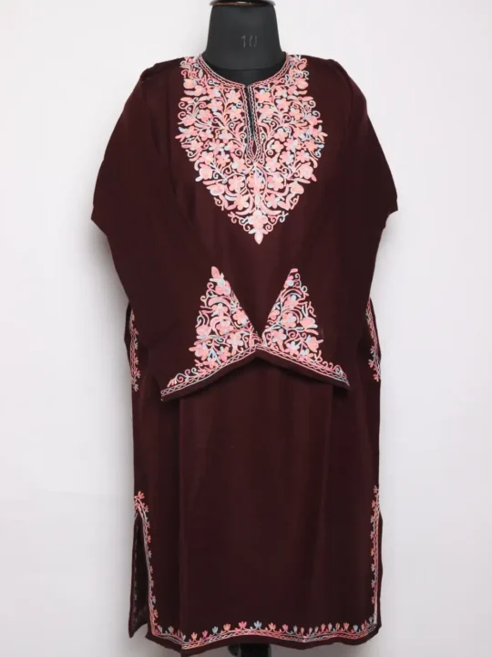 Brown Pheran with Aari Embroidered Fancy Sleeve in Cashmilon Wool Afsheen