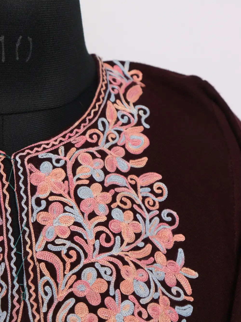 Wine Pheran with Aari Embroidered Fancy Sleeve in Cashmilon Wool Afsheen - Image 3