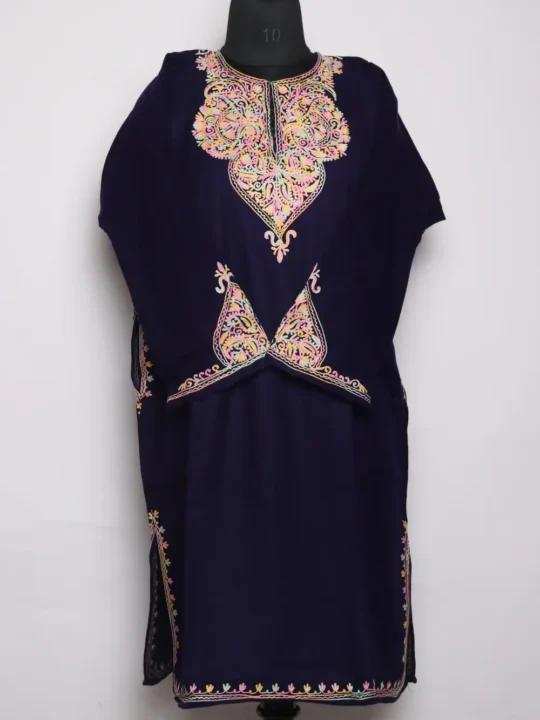 Dark Blue Pheran with Aari Embroidered Rubeen Fancy Sleeve in Cashmilon Wool