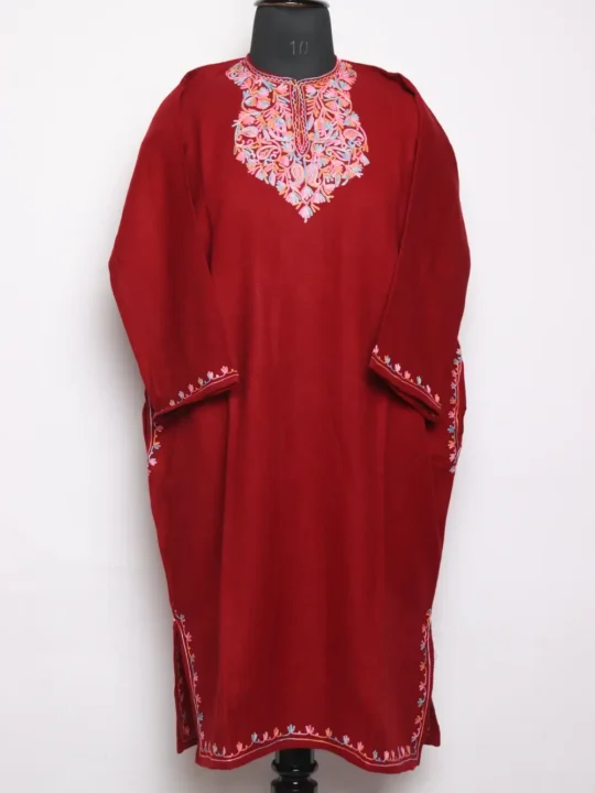 Aari Work Maroon Fareed Pheran with Fancy Sleeve in Cashmilon Wool