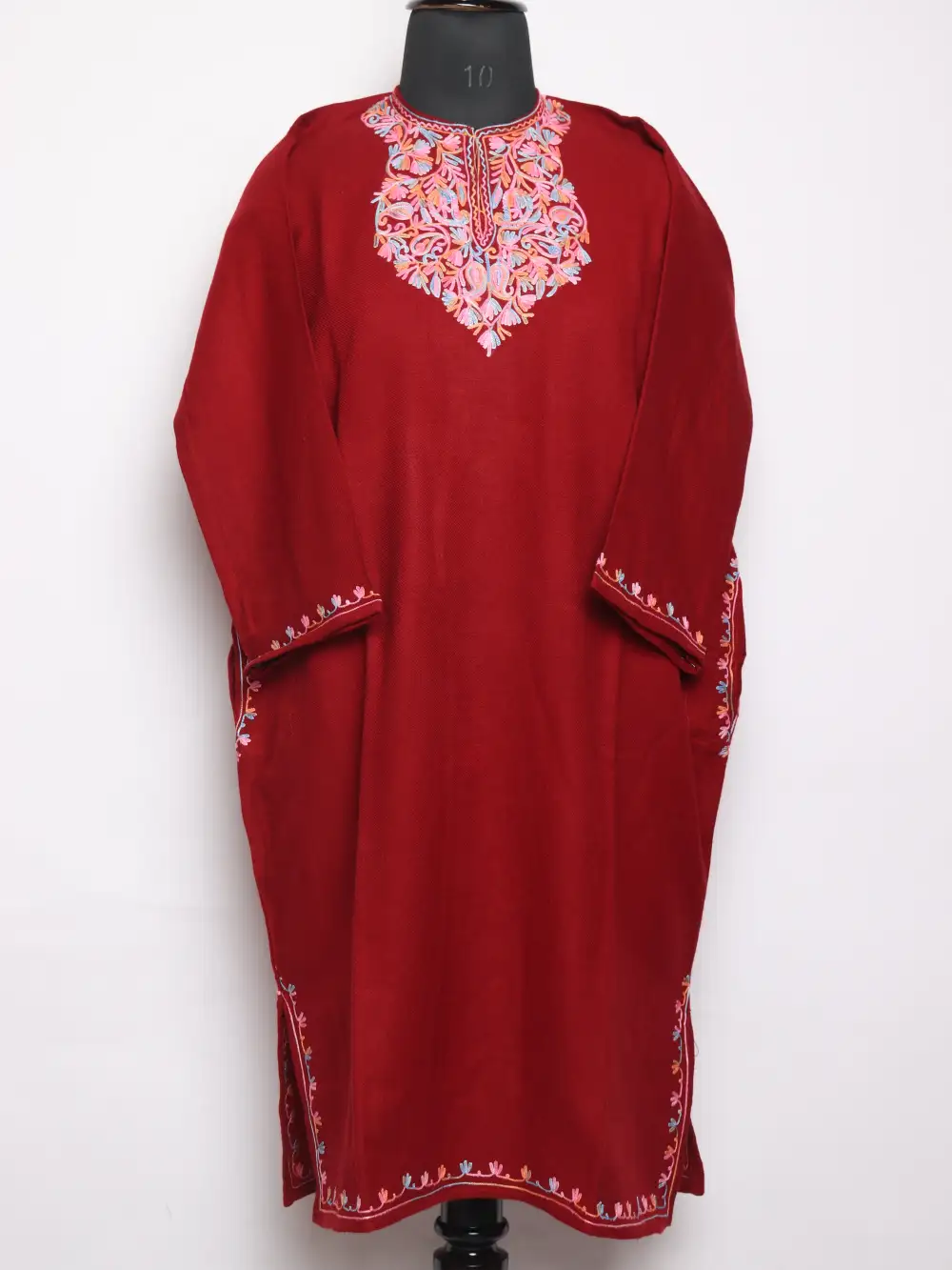Aari Work Maroon Fareed Pheran with Fancy Sleeve in Cashmilon Wool