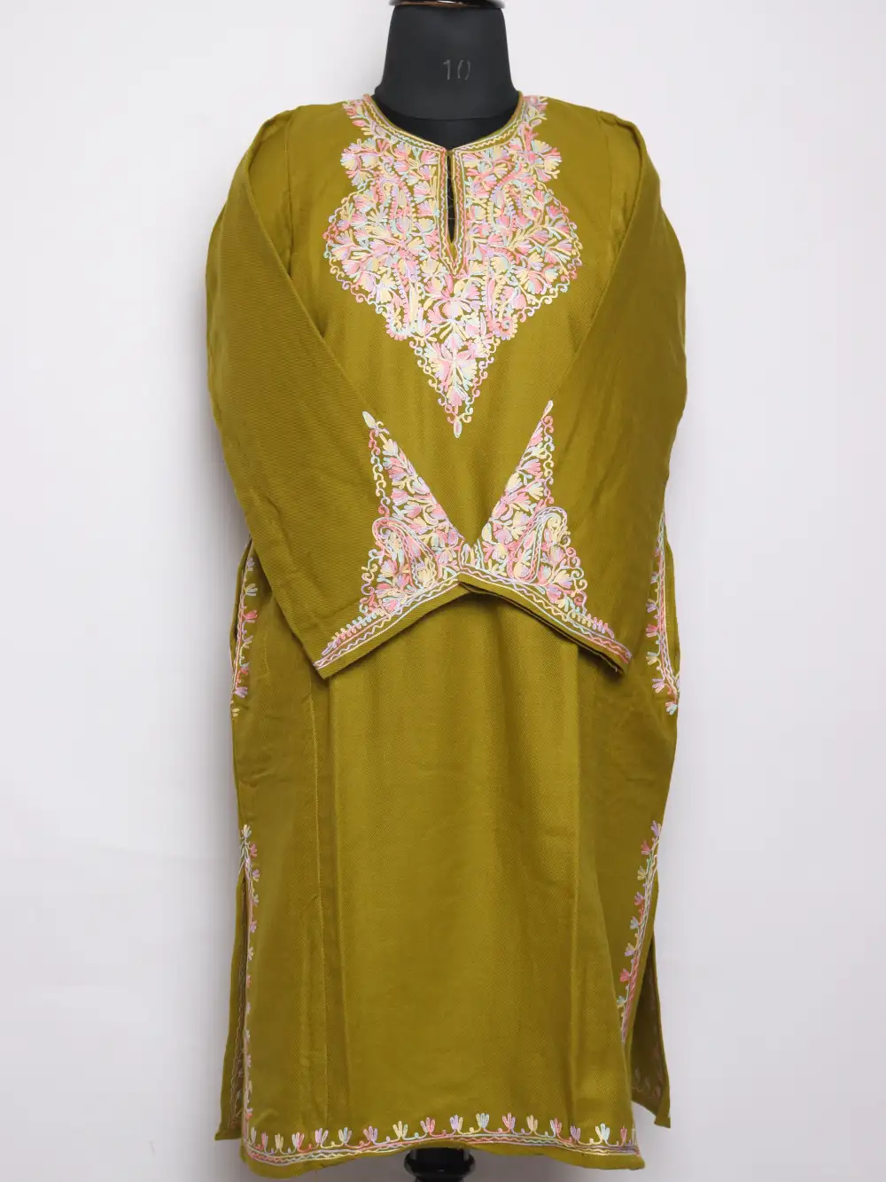 Mehndi Green Aari Work Maroon Pheran with Fancy Sleeve in Cashmilon Wool