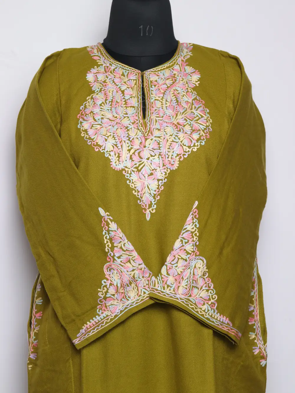Mehndi Green Aari Work Pheran with Fancy Sleeve in Cashmilon Wool - Image 2