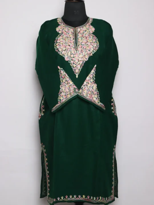 Aari Work Dark Green Pheran with Fancy Sleeve in Cashmilon Wool Laila
