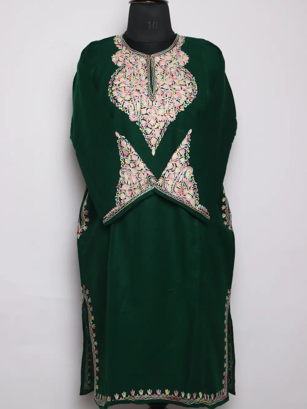 Aari Work Dark Green Pheran with Fancy Sleeve in Cashmilon Wool Laila