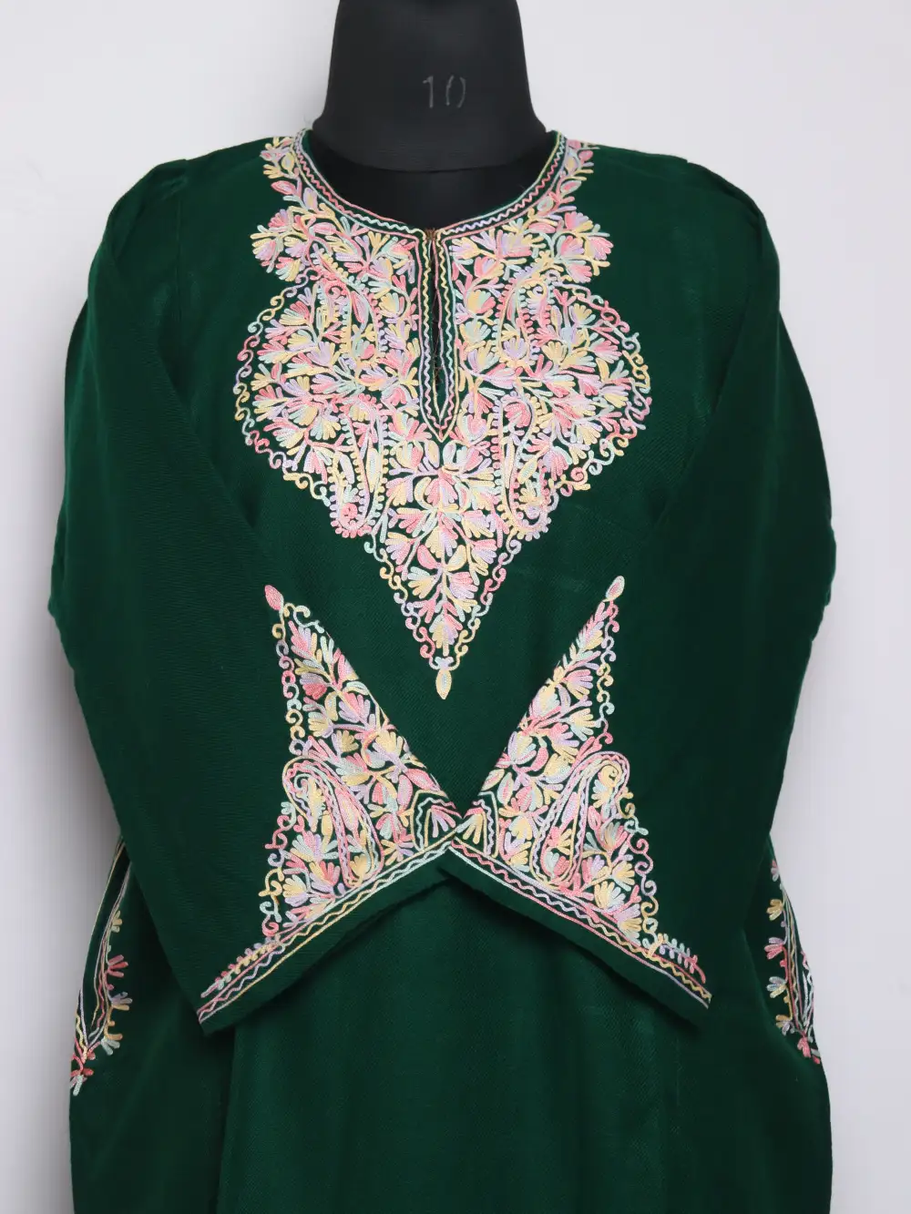 Aari Work Dark Green Pheran with Fancy Sleeve in Cashmilon Wool Laila - Image 2