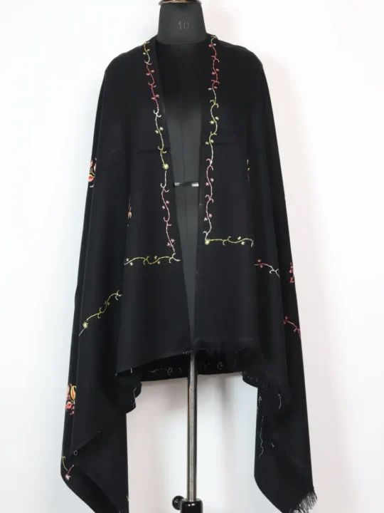 Kashmiri Hand Sozni Embroidered Black Cashmilon Shawl