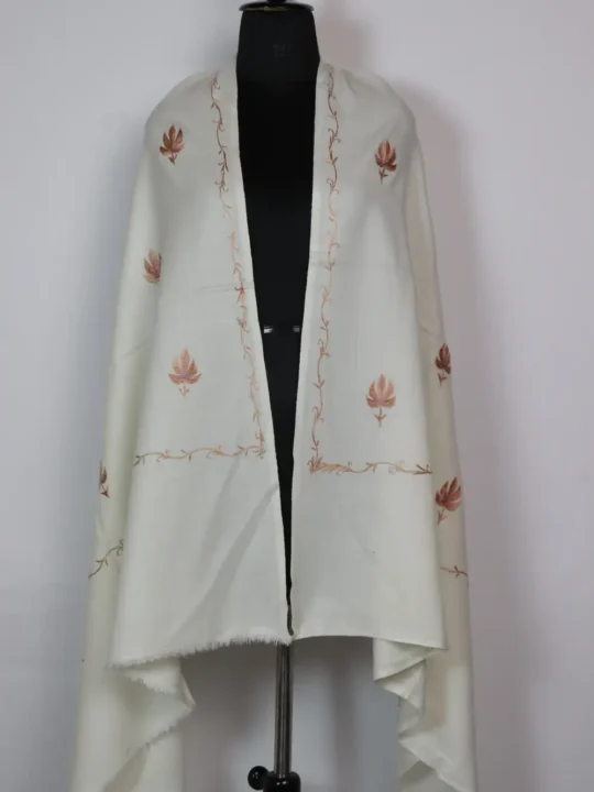 White Cashmilon Shawl for Women with Kashmiri Booti Hand Sozni Embroidery