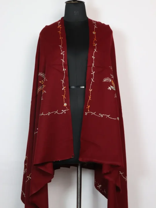 Kashmiri Cashmilon Wool Maroon Women Shawl with Hand Sozni Embroidery