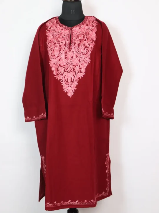 Maroon Hafizah Kashmiri Aari Work Pheran in Cashmilon
