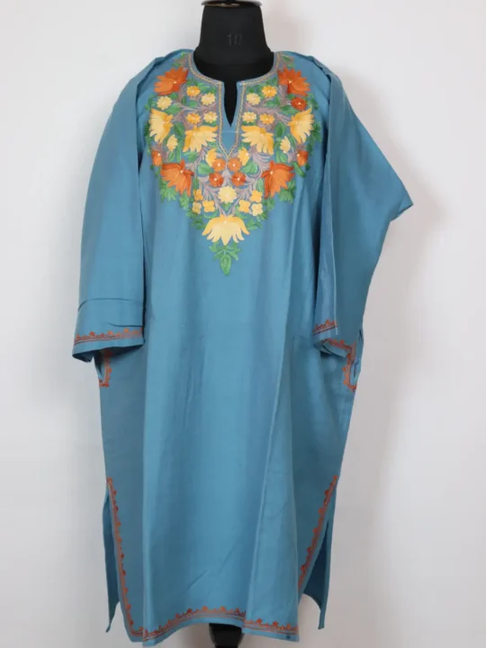Cashmilon Zehra Loose Blue Pheran with Aari Embroidery