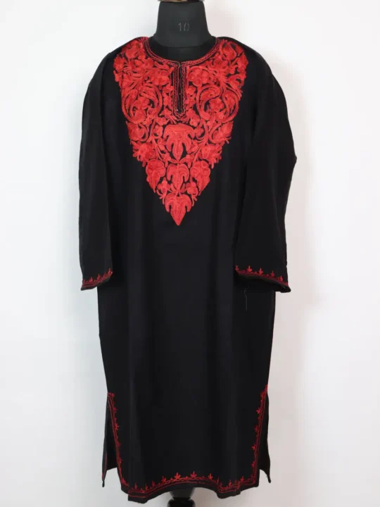 Black Kashmiri Chinar Aari Work Pheran in Cashmilon