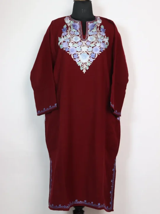 Maroon Cashmilon Wool Hafizah Pheran with Aari Embroidery