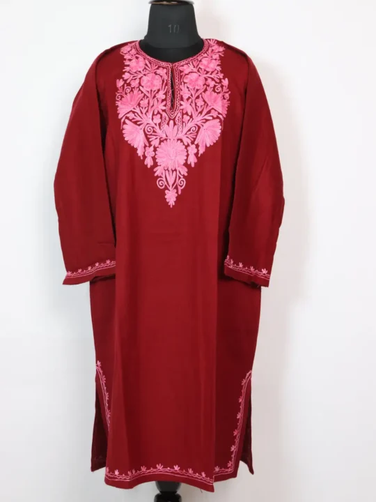 Cashmilon Huda Maroon Kashmiri Aari Work Pheran