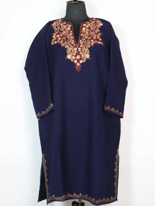 Rayees Dark Blue Cashmilon Wool Pheran with Aari Embroidery