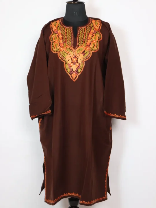 Kaabil Cashmilon Dark Brown Pheran with Aari Embroidery